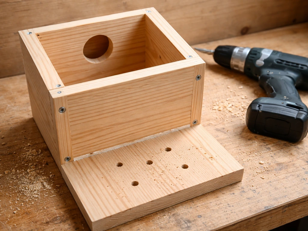 Close-up of a wooden nest box assembly with four drilled drainage holes on the bottom panel.