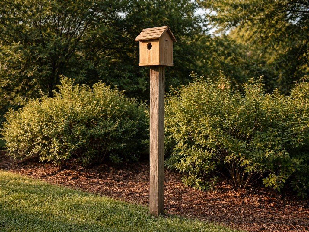 A small finch house mounted 8–12 feet up on a wooden post with entry facing east near green shrubs.