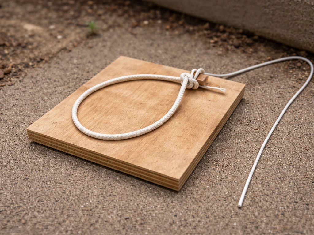 Close-up of a rope slip-knot loop bird trap on a small base with pull-cord routed away.