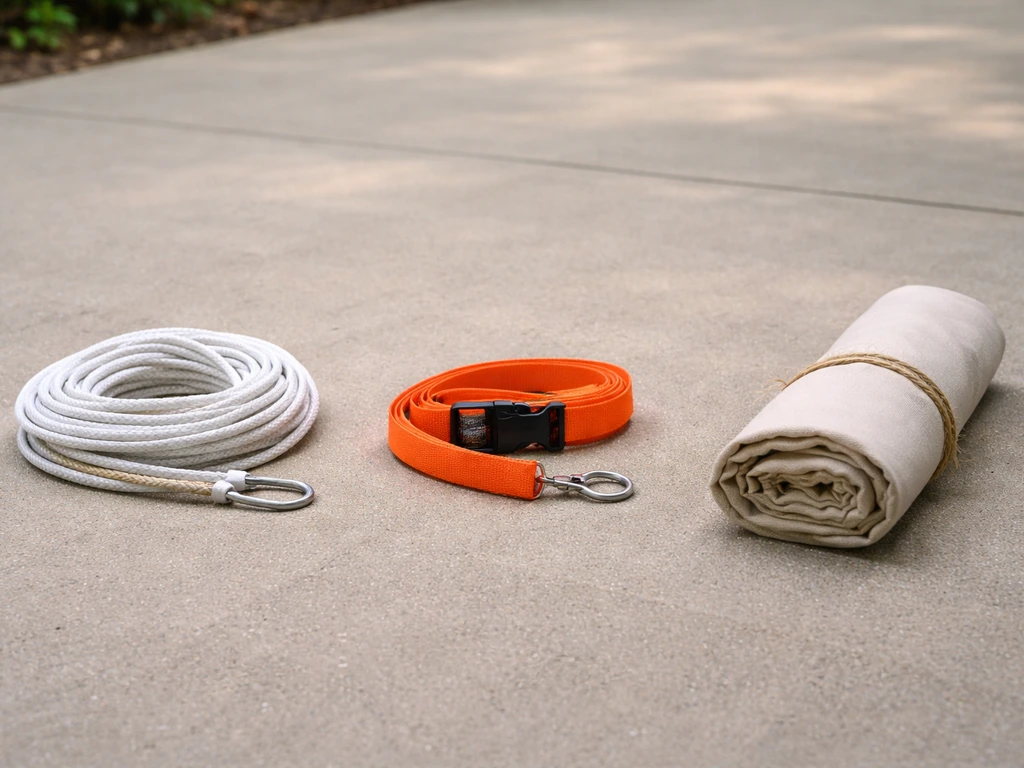 Coiled rope and restraint strap staged neatly outdoors with open space, emphasizing safe humane setup—no animals present