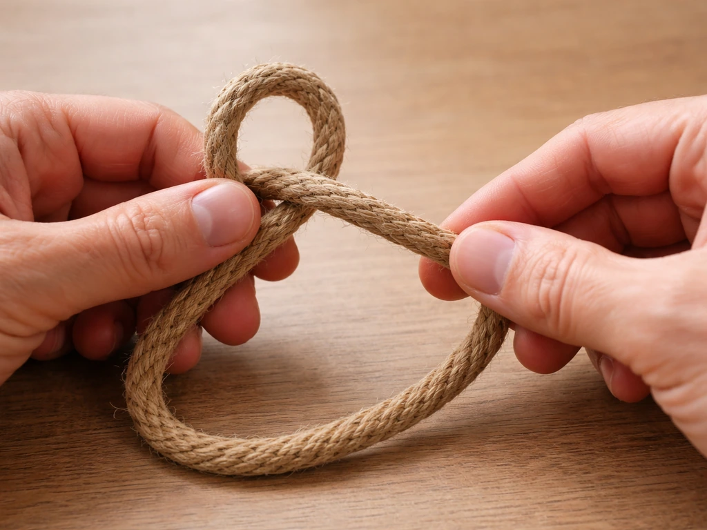 Closeup of hands tying a slip-knot loop in rope, knots and cord threaded together