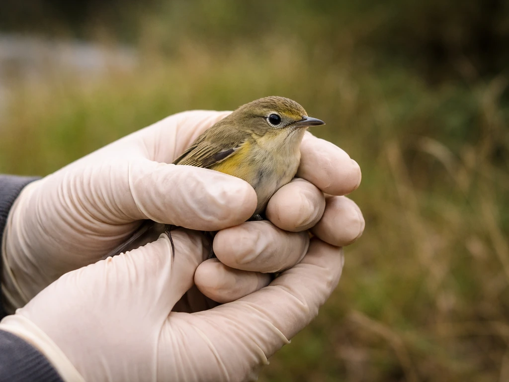 Gloved hands holding a blurred bird safely near a release point, with quick calm monitoring implied in the background.