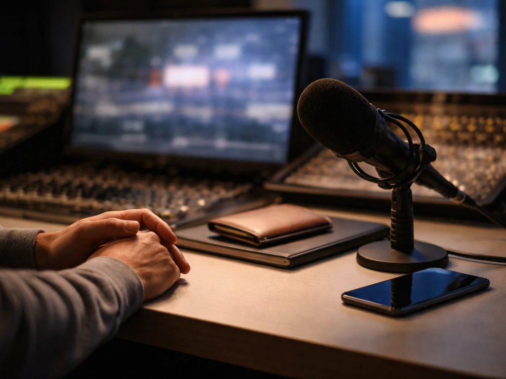 Anonymous hands by a broadcast microphone and wallet in a TV studio control room at dusk