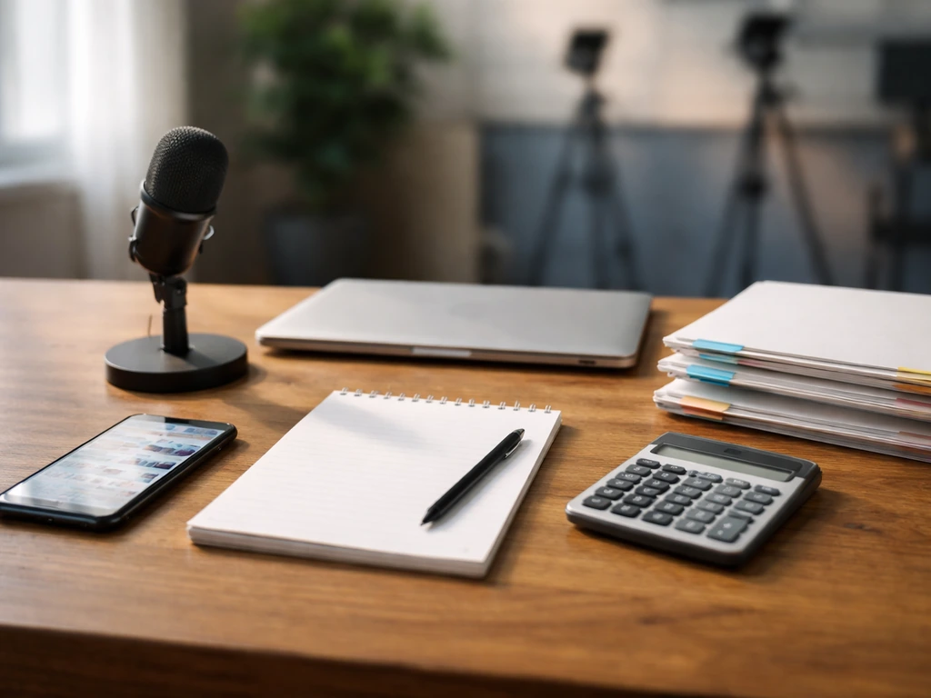 Minimal desk scene with laptop, calculator, microphone, and blank documents suggesting net worth estimates.