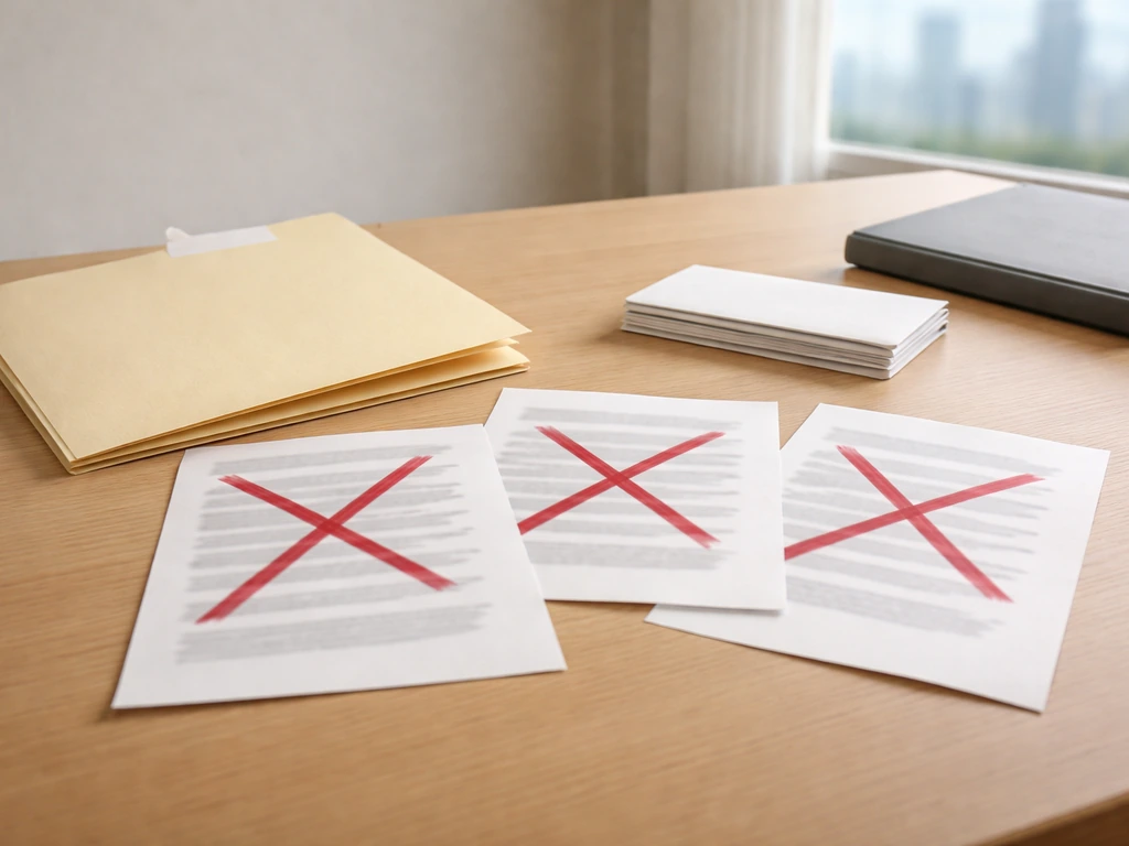 Minimal desk scene with a blank folder and blurred crossed-out documents suggesting records not found