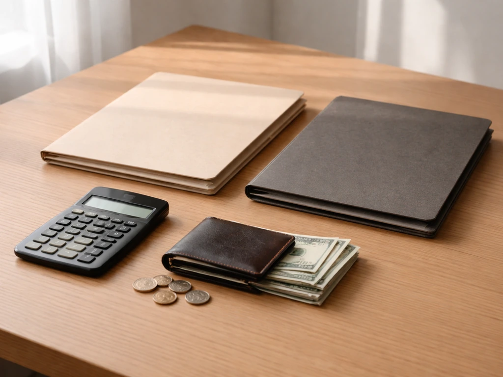 Minimal desk scene with calculator, wallet, bills, and folders symbolizing assets minus liabilities.