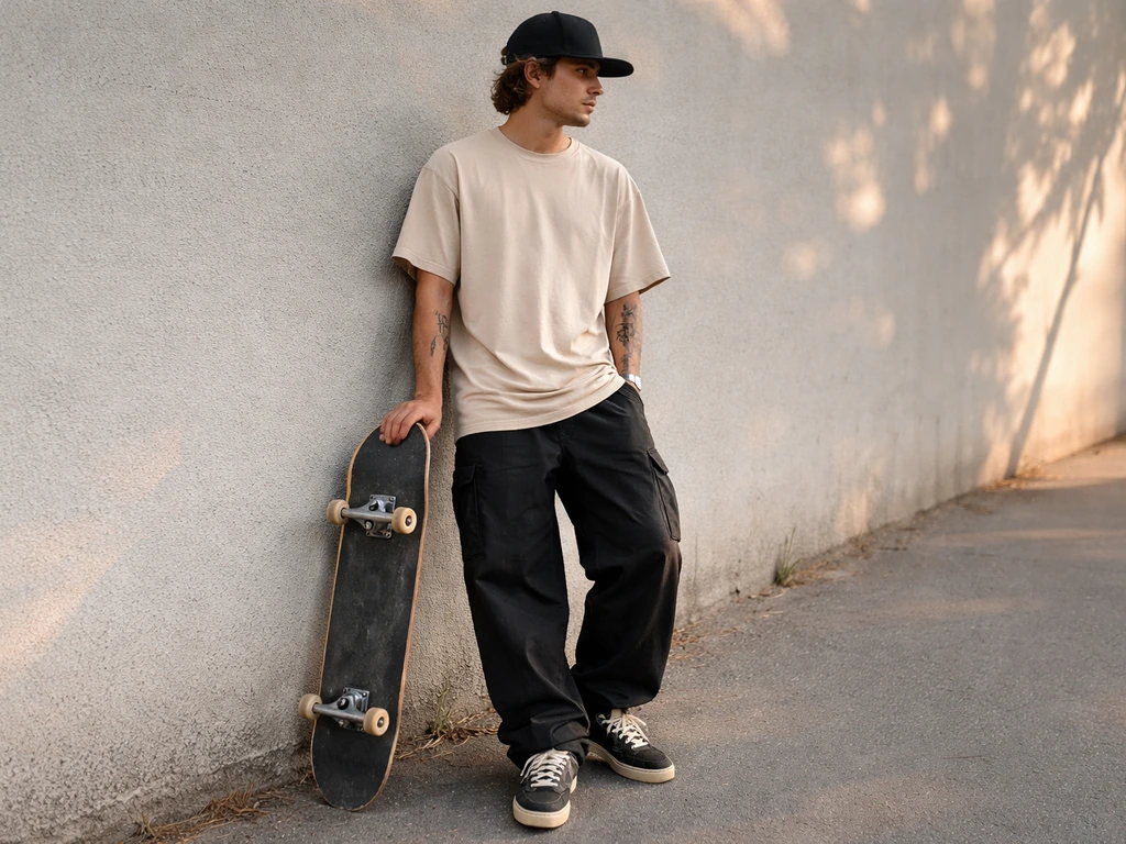 Anonymous skateboarder in branded-looking shoes and apparel holding a skateboard in a quiet urban setting.