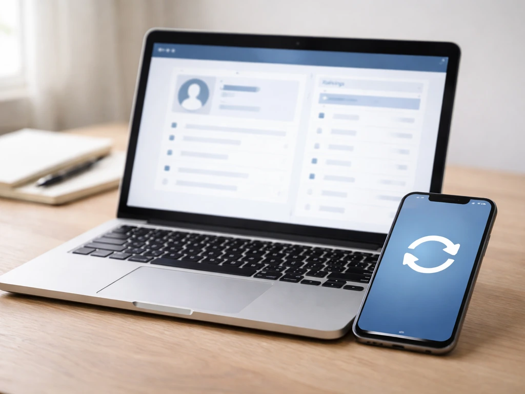 Laptop and phone on a desk showing generic profile and rankings layouts to verify updates.