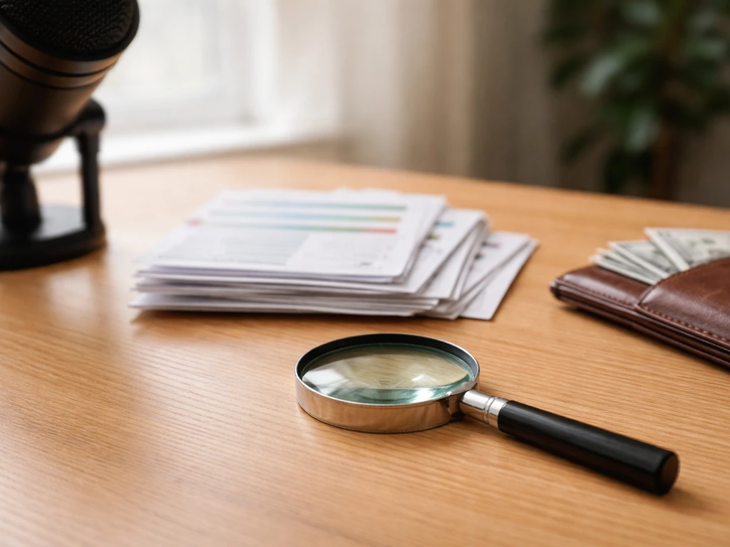 Blurred media and finance cards with a verification-style magnifying glass on a desk