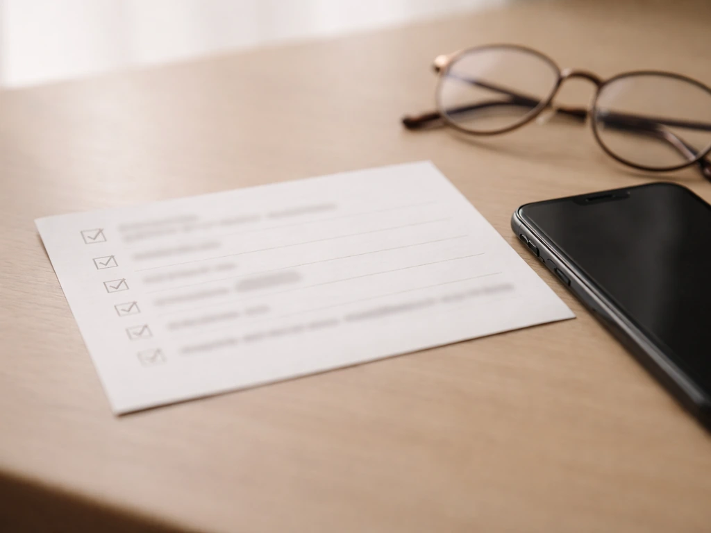 Reference entry card and blurred smartphone on a desk, illustrating identity disambiguation cues without text.