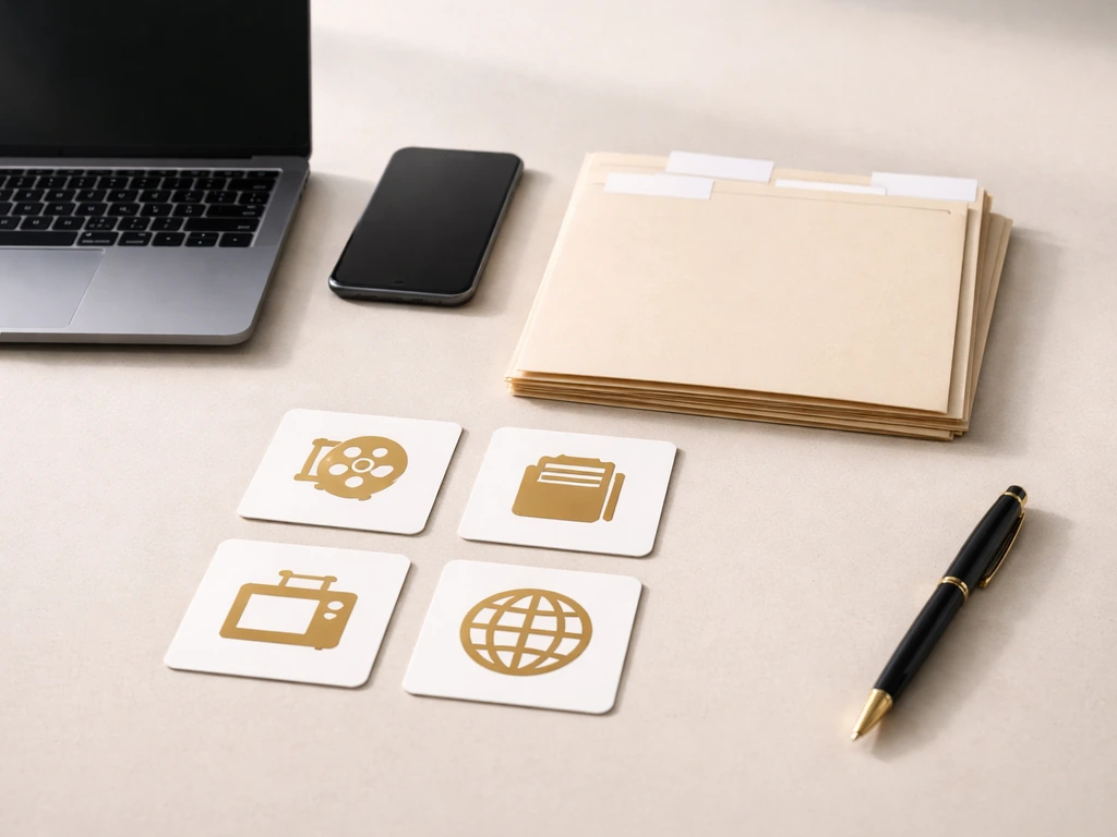 Minimal desk setup with blank folder and symbolic media/finance source icons laid out like a checklist.