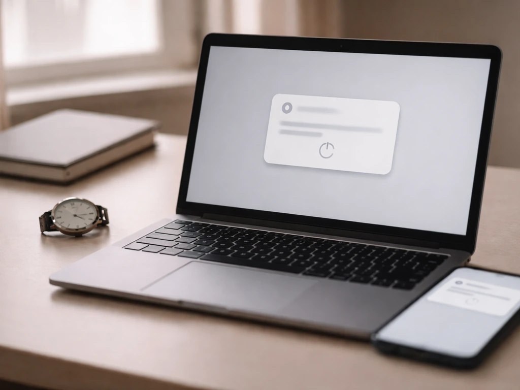 Laptop and phone beside a watch on a desk, with generic notification screens for ongoing tracking.