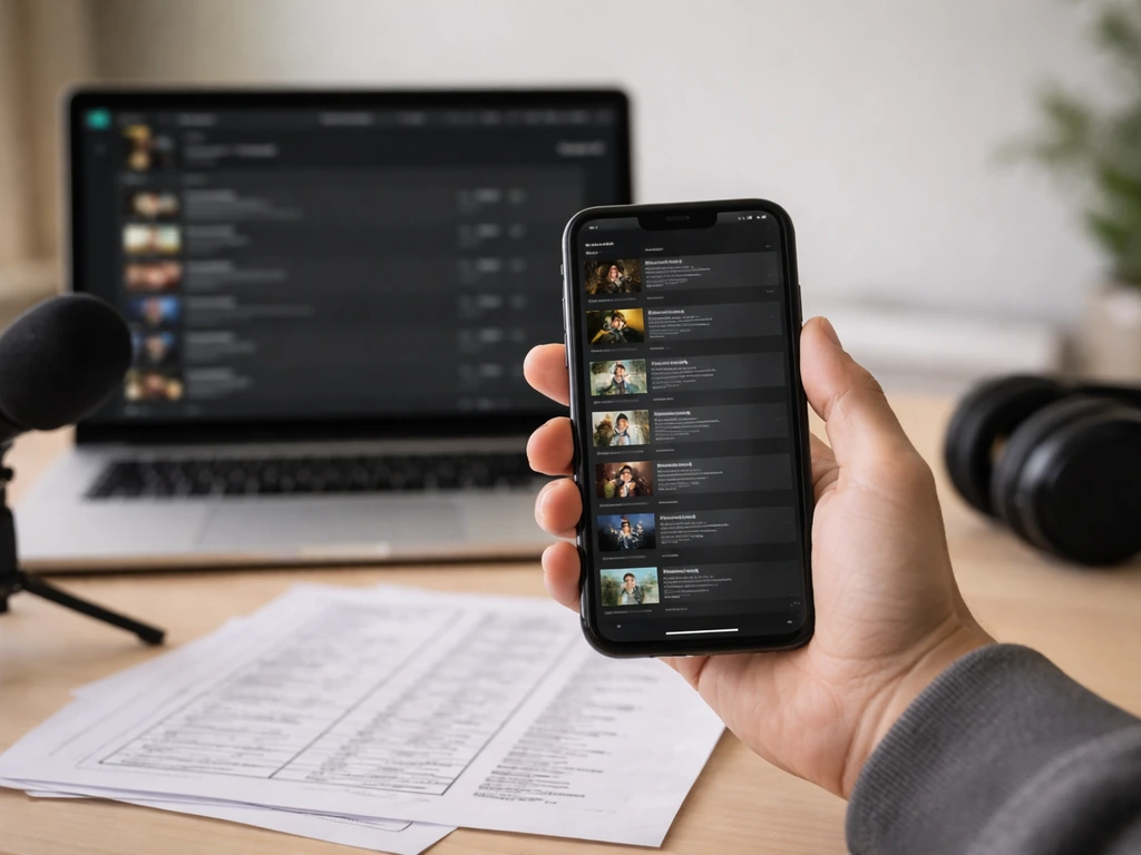 Hand holding a phone above a desk with a laptop showing blurred film credits layout and studio gear.