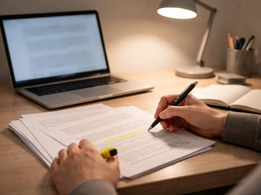 Person reviewing printed documents with a pen near a laptop showing only blurred numbers