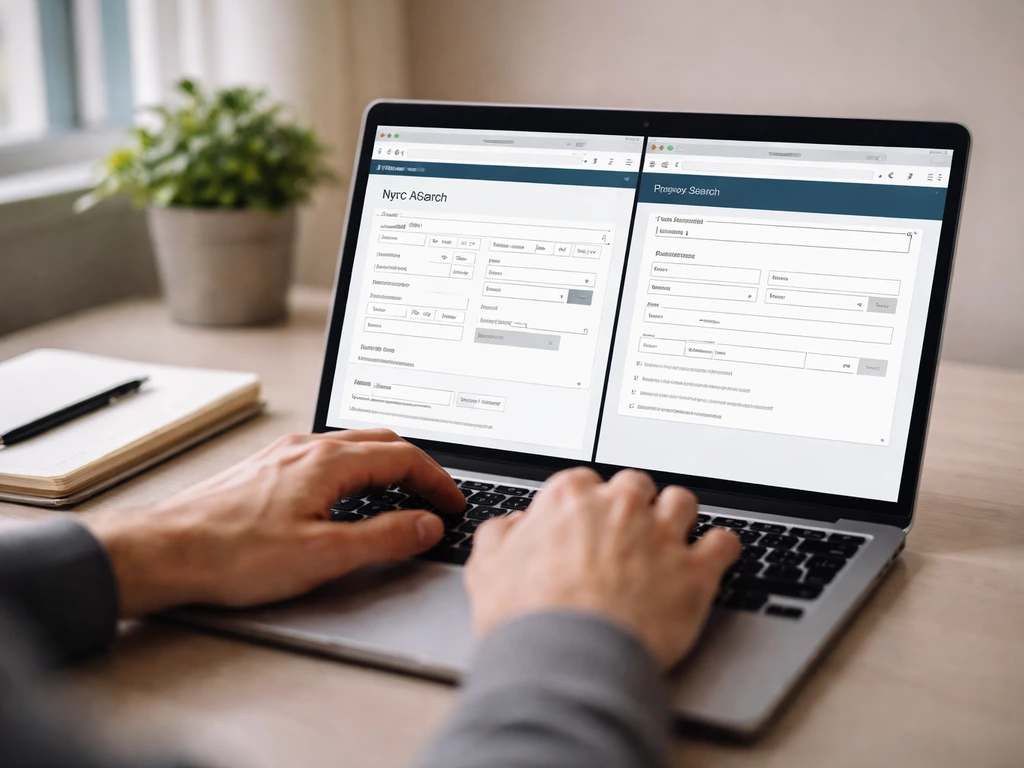Hands typing on a laptop showing generic property lookup pages for NYC and LA assessor research.