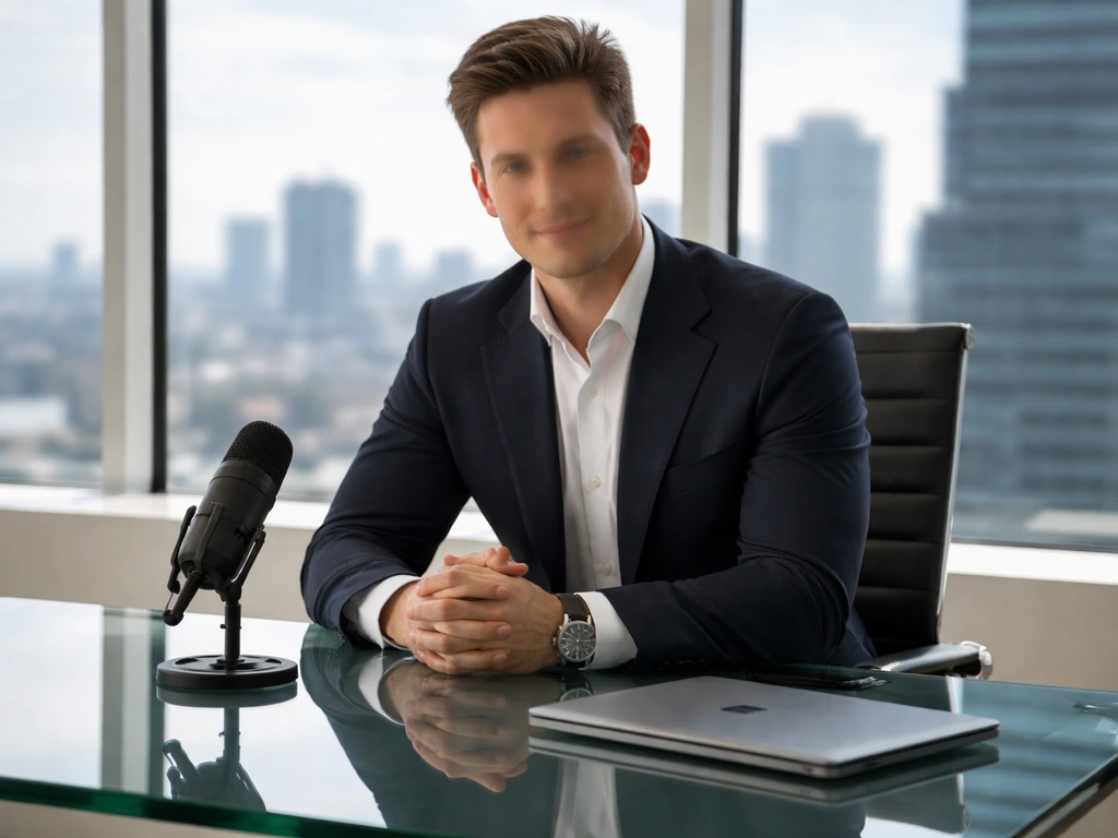 Anonymous tech executive in a minimalist office with a microphone and large windows in soft light