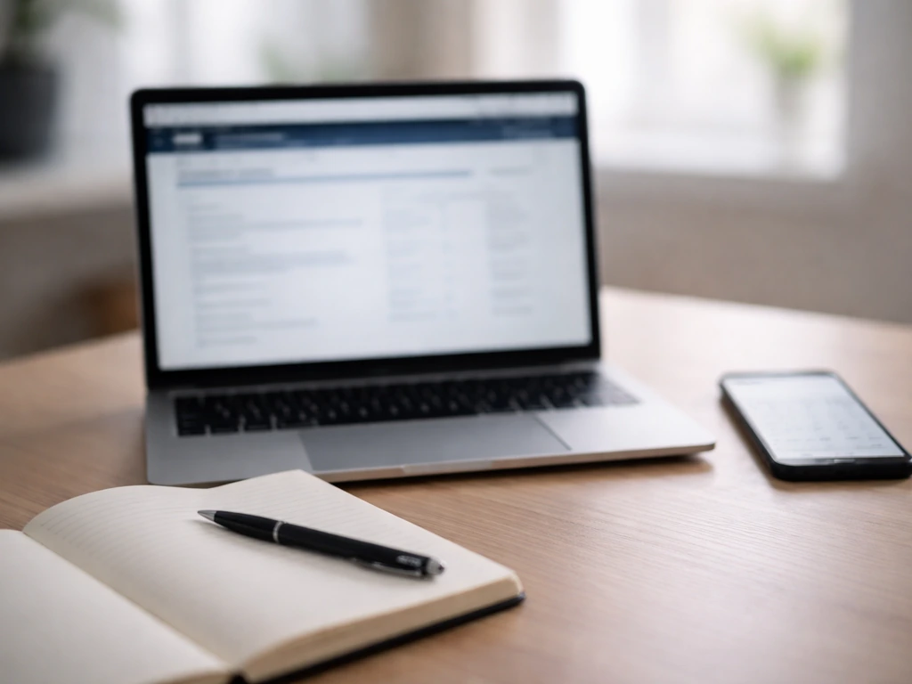 Anonymous finance analyst desk with laptop and phone showing blurred finance pages.