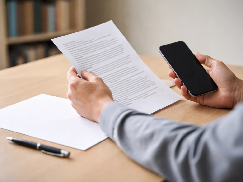 Hands reviewing documents at a desk with a phone and pen, minimal setup for claim auditing steps.