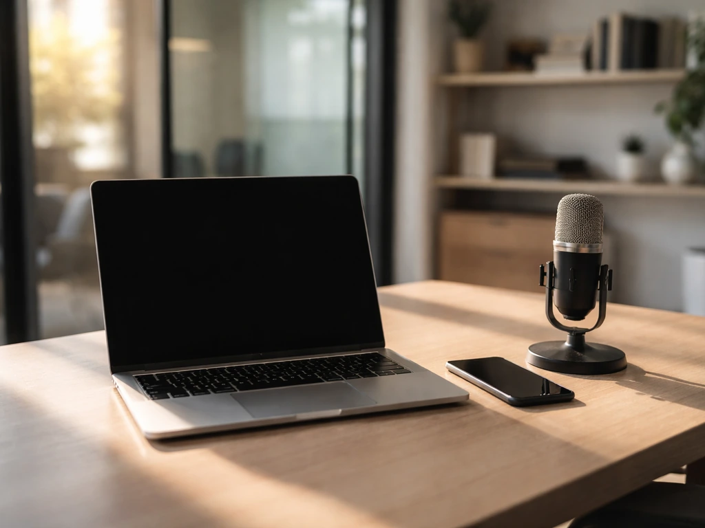 Minimal modern desk with laptop and microphone, symbolizing business research and private-company due diligence.