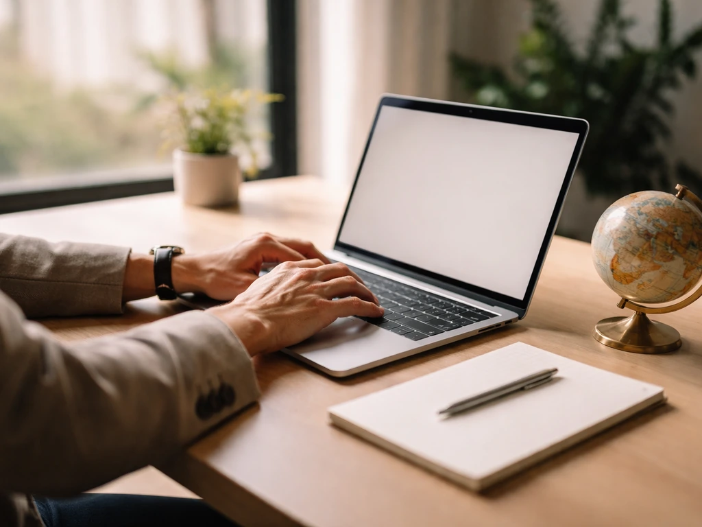 Hands typing at a minimalist desk with a small globe model, suggesting a global language entrepreneur.