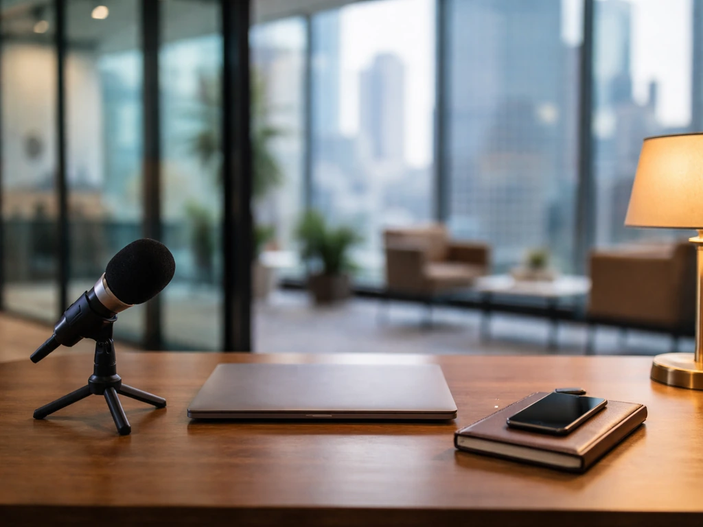 Minimal office lobby scene with microphone and desk items suggesting business leadership and media work.