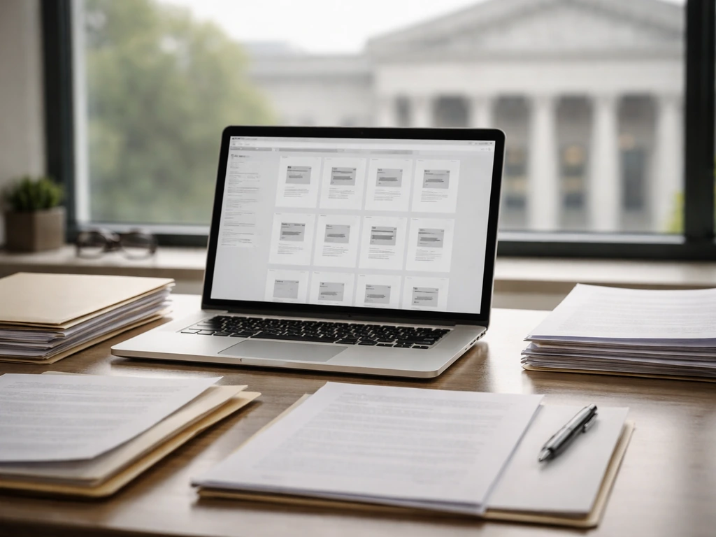 Open laptop in a quiet office with blurred filing folders and paperwork used for due diligence.