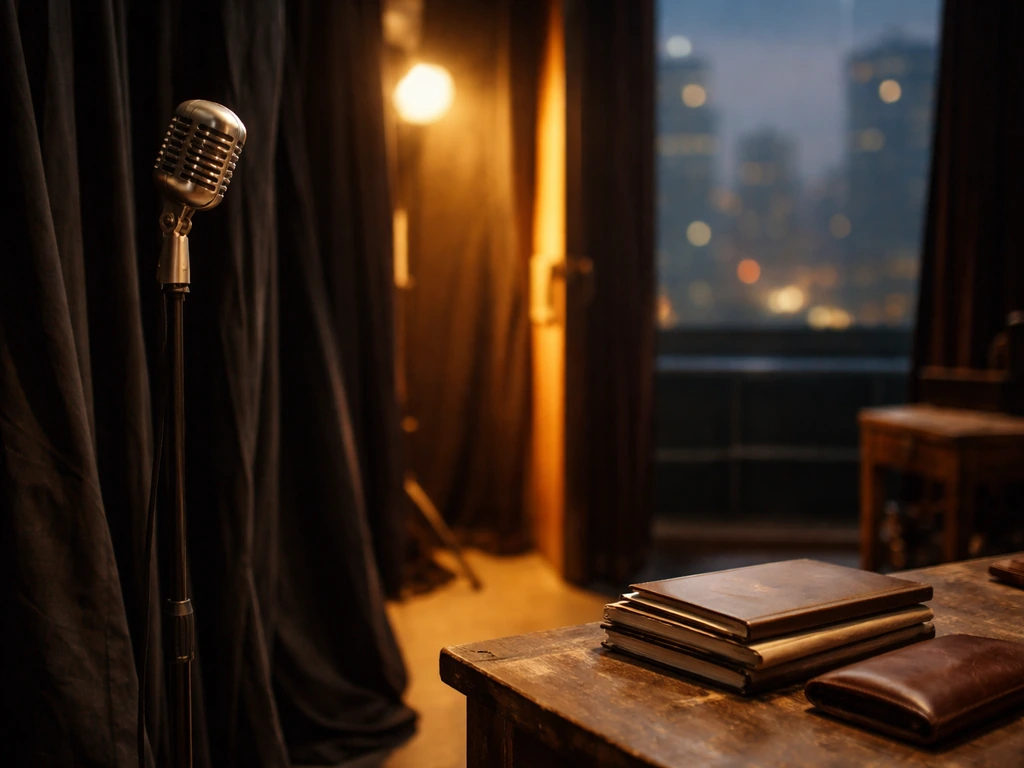 Minimal theatre-themed scene with a subtle financial/business atmosphere in soft natural light