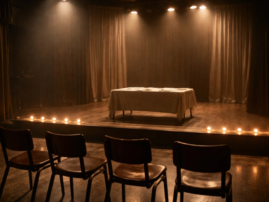 Quiet theatre rehearsal room with warm stage lights and empty chairs, evoking the performing arts world.