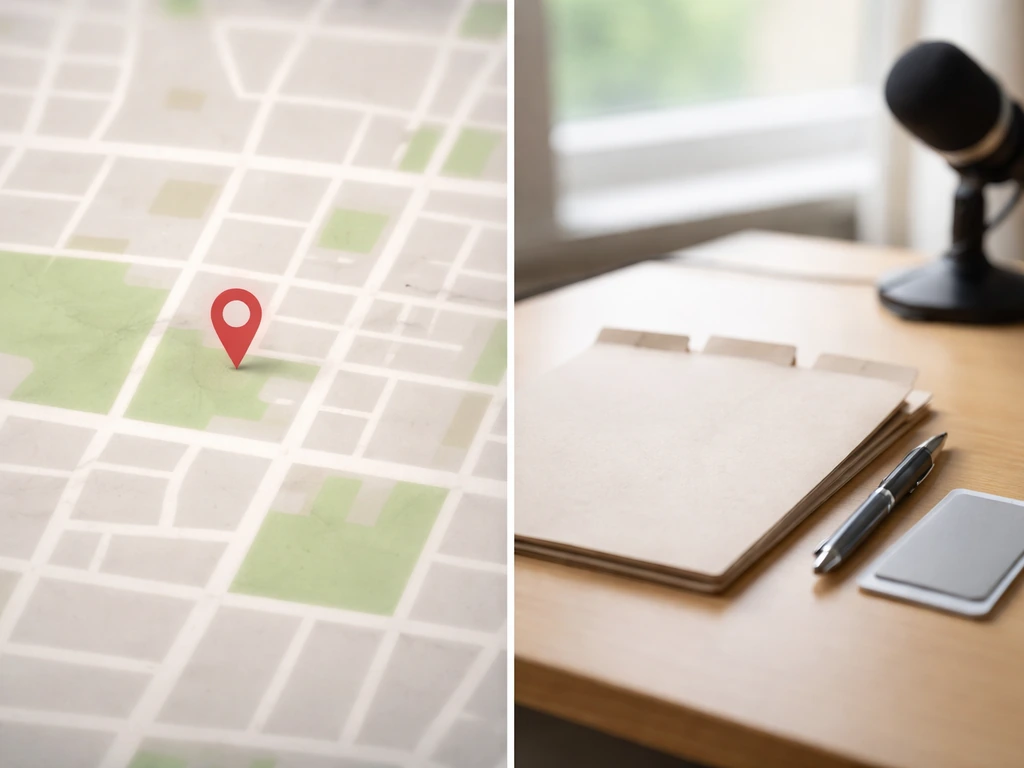 Split view: abstract Ontario map mock on left; pen and blank transaction documents on desk right.