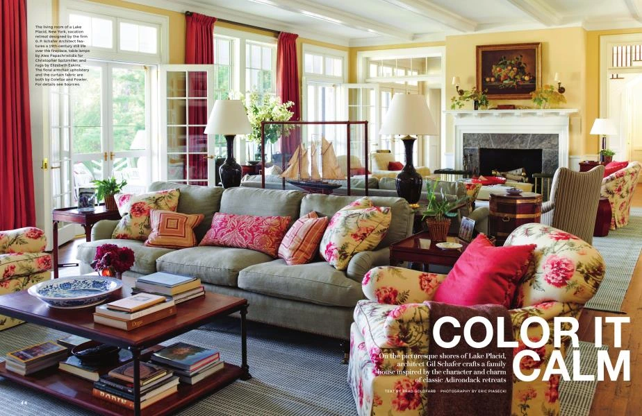 Interior design photo of a colorful living room featured in an Architectural Digest spread about Gil Schafer III