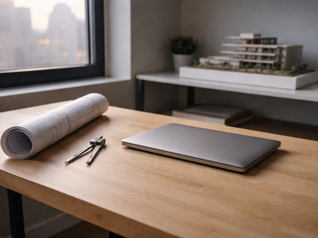 Architect’s desk with blueprint roll, drafting compass, and architectural model in soft city light.