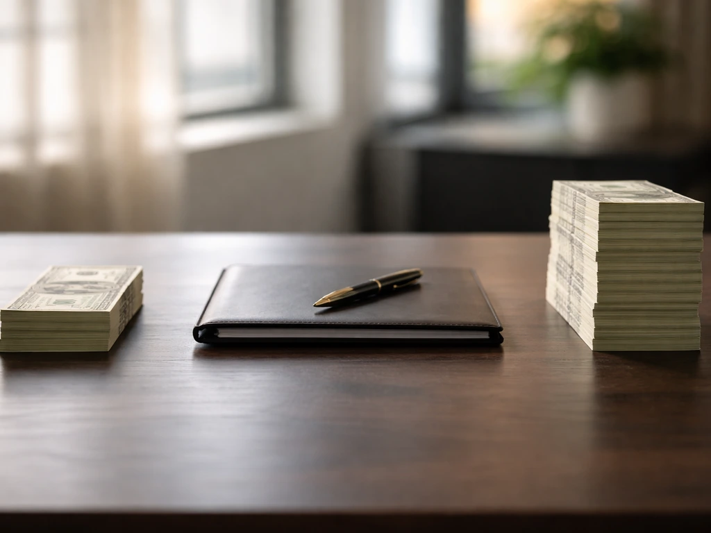 Desk with two stacks of money and a small portfolio, symbolizing a low-to-high net-worth range.