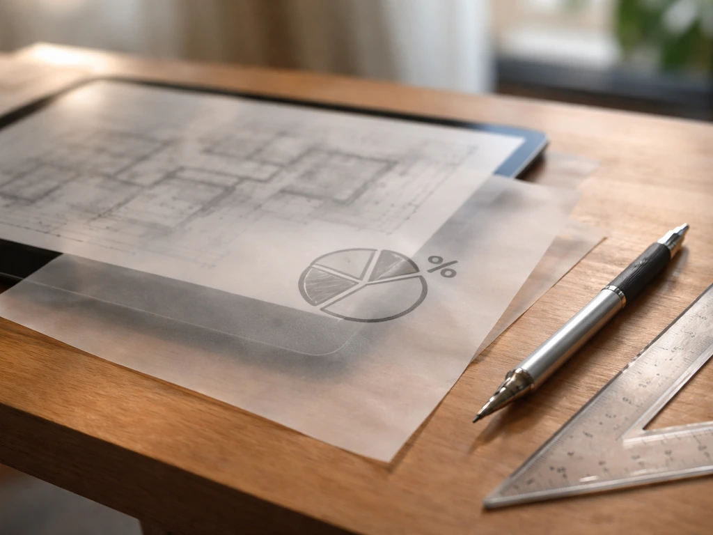 Architect’s tablet on a drafting table with blurred plans and abstract fee-percentage overlay, natural light.