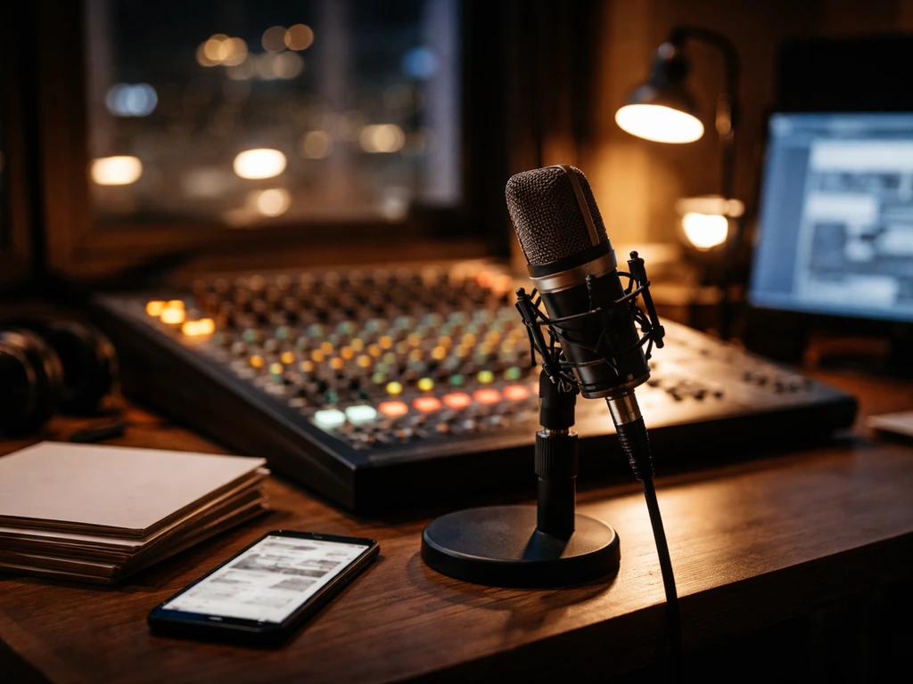 Anonymous studio desk with microphone and audio gear, symbolic of musician identity verification