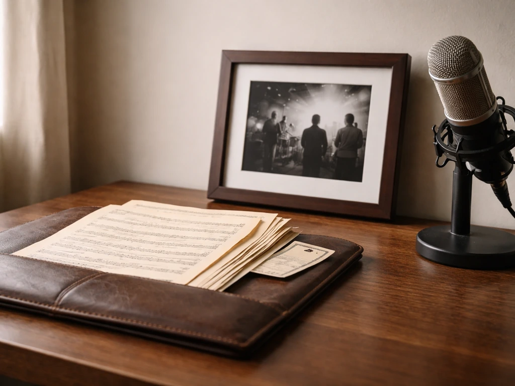 Vintage studio memorabilia on a desk, suggesting a 1990s band career and music transition