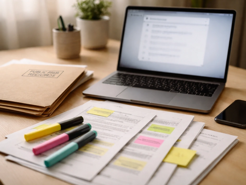 Close-up of laptop and folder with public-records feel, showing search and finance theme without any readable text.