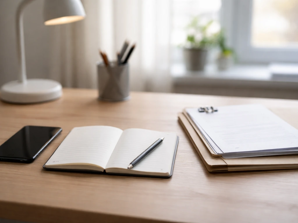 Minimal desk scene with smartphone and blank notebook, suggesting workflow for public-source research.