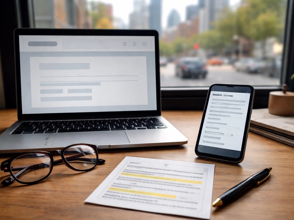 Desk closeup with laptop, phone, and directory card suggesting business ownership signals, no readable text.