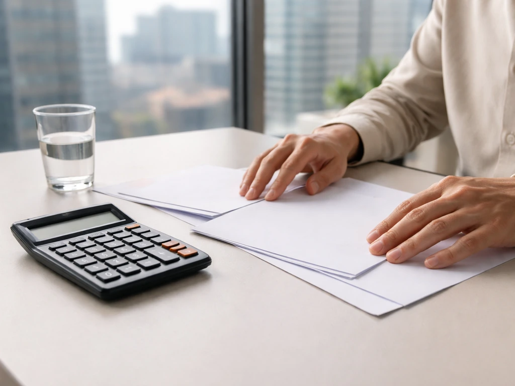 Hands on a minimal desk with calculator and blank papers, suggesting valuation range math in a business office.