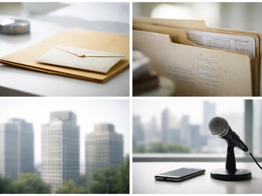 Collage of desk documents, property-record papers, office skyline, and a microphone symbolizing net-worth evidence.