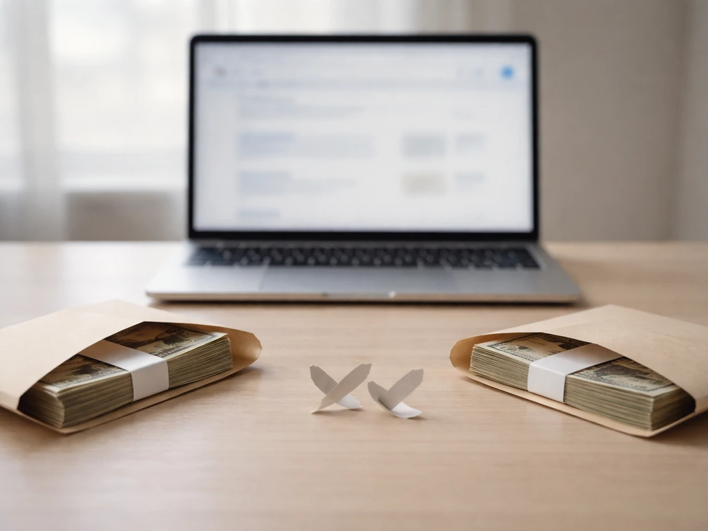 Two conflicting online net-worth claims symbolized by split money envelopes on a desk with a laptop