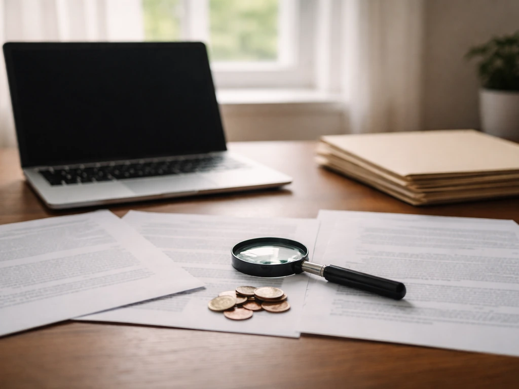 Researcher’s desk with laptop, documents, and a single coin—symbolic of estimating private-company wealth from public cl