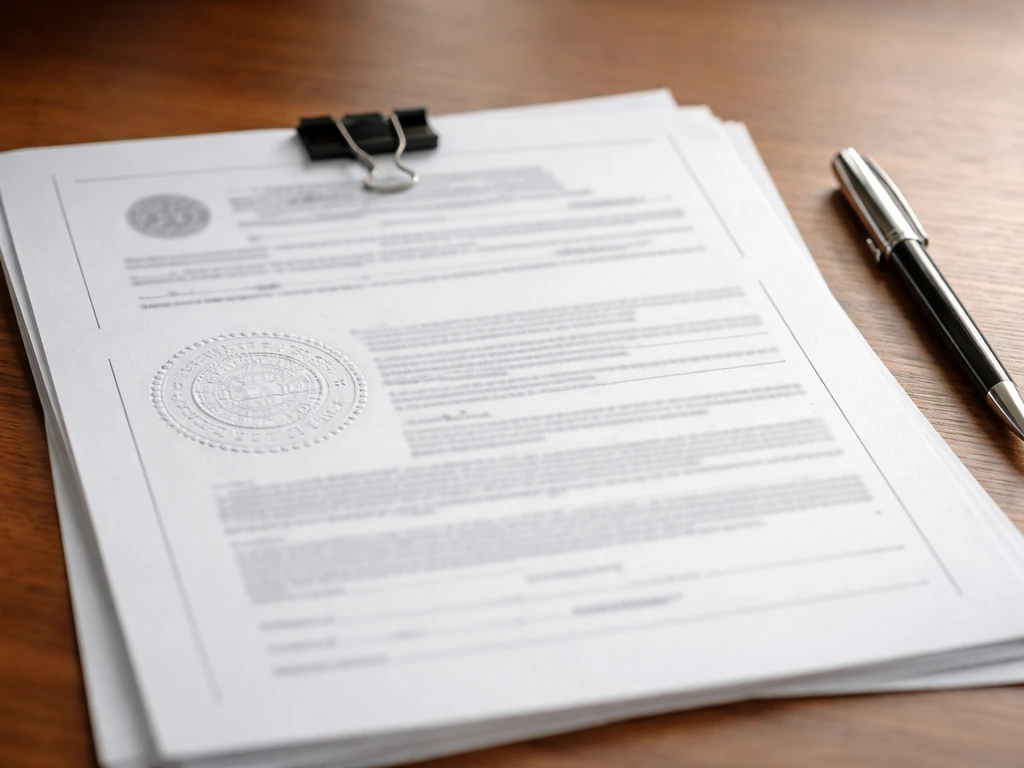 Close-up of official corporate filing papers on a wooden desk with a pen and seal impression.