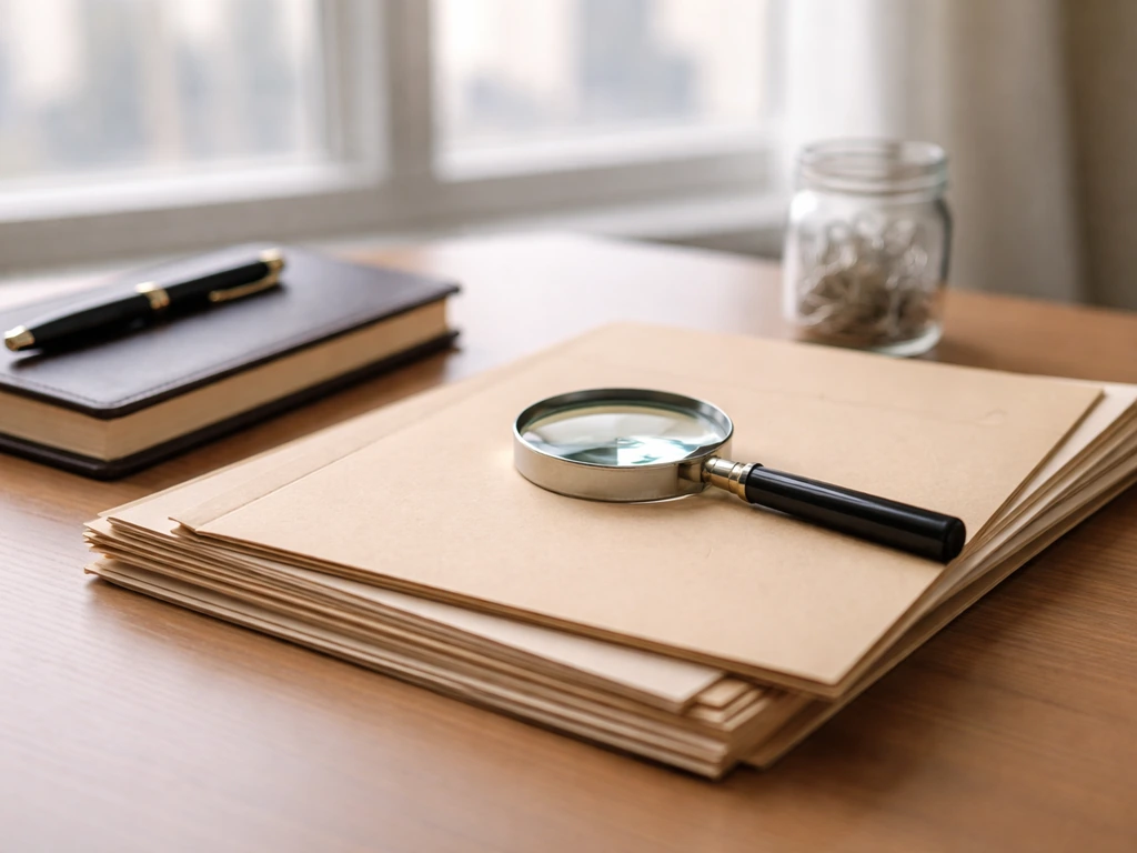 Magnifying glass over stacked paper folders on a bright desk, symbolizing verifying financial claims.