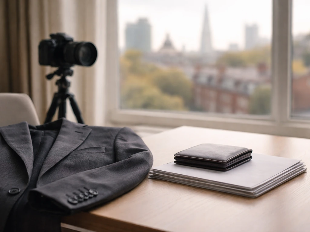 Minimal studio desk with suit jacket and camera, evoking modeling, acting, and financial curiosity