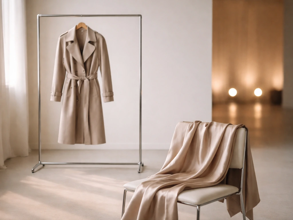 Fashion campaign atmosphere with a luxury garment on a studio rack and softly lit runway-like backdrop