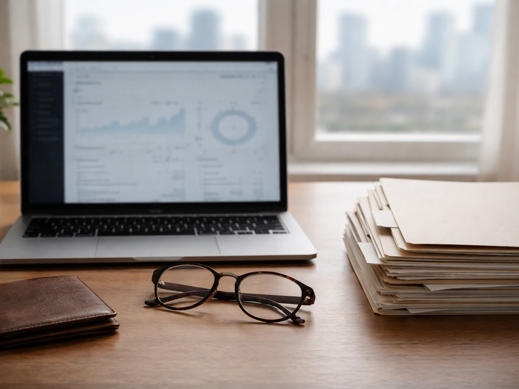Sunlit desk with generic financial documents, glasses, and wallet symbolizing verifying a net worth estimate.