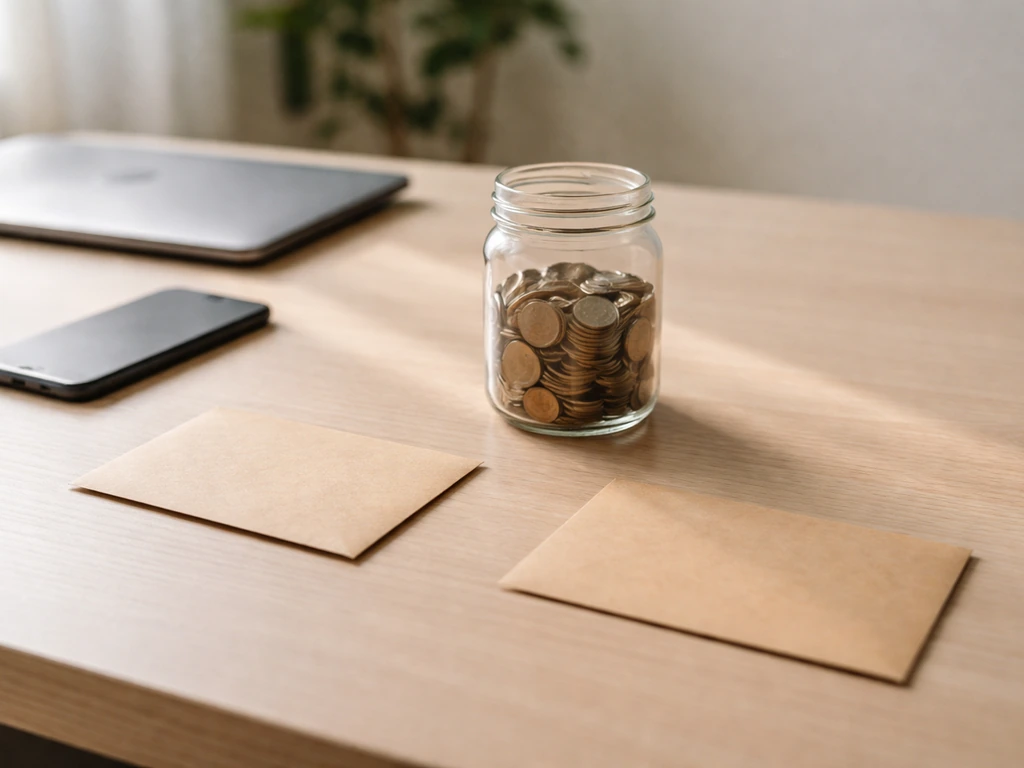 Minimal desk scene with coins and two envelopes symbolizing low vs high net-worth estimates.