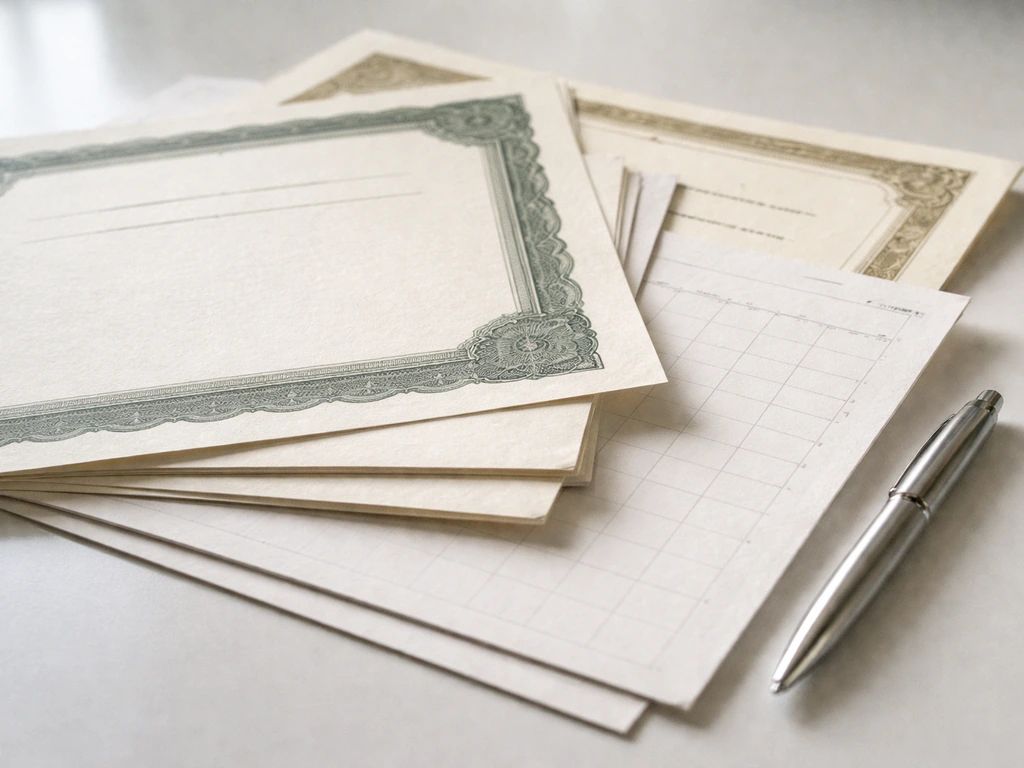 Close-up of investment documents and a stock-certificate style paper card on a desk, symbolizing restricted shares.