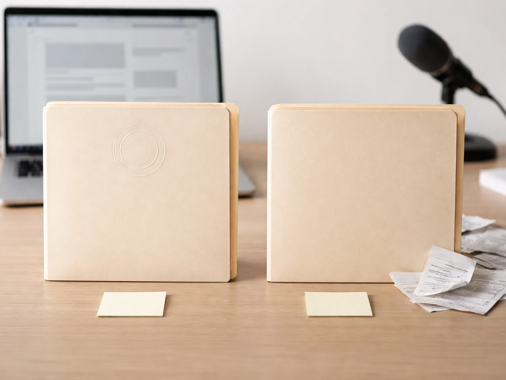 Minimal desk scene showing two folders and a laptop implying primary filings vs secondary estimates.
